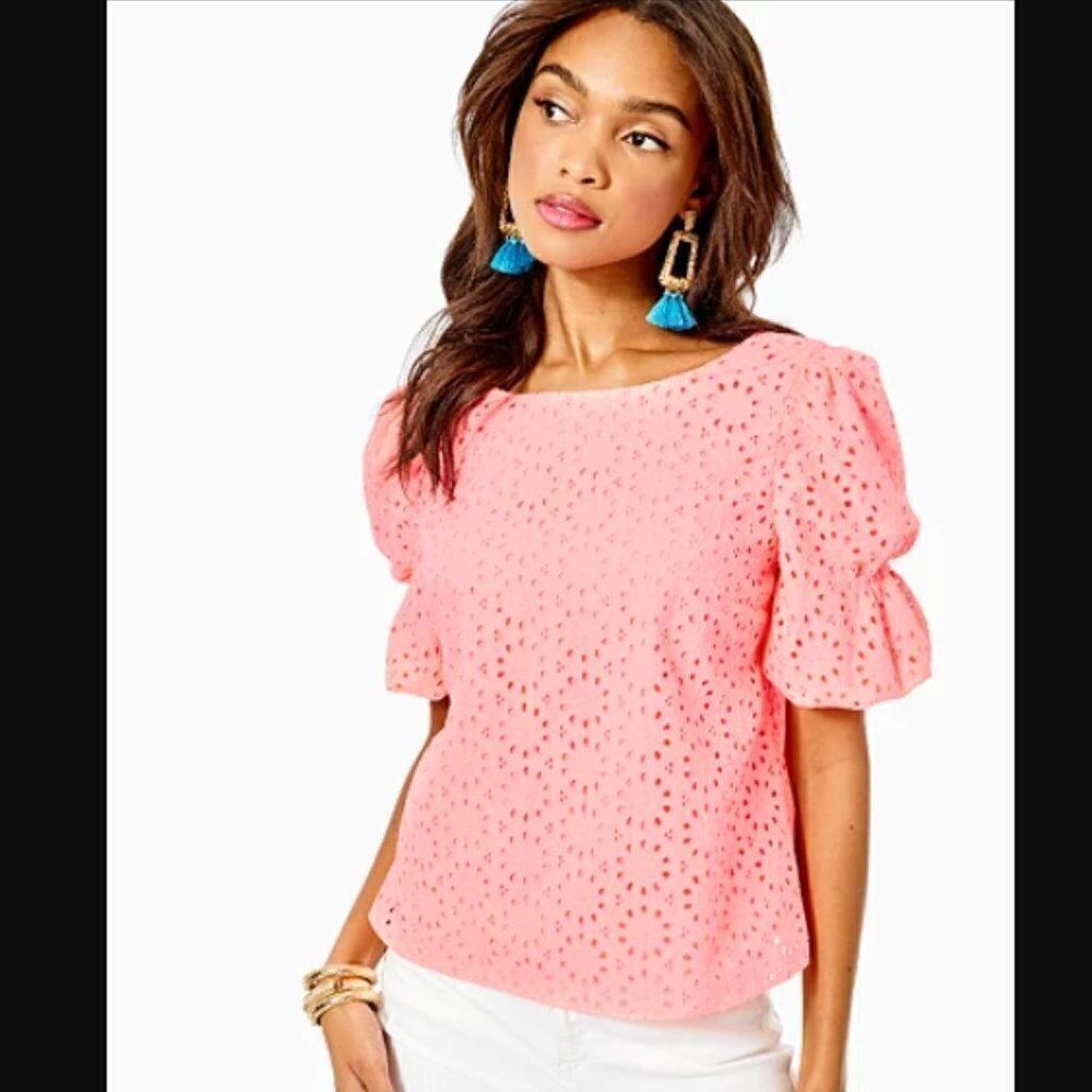 Lilly Pulitzer Shaila Shaila Puff-sleeve Eyelet Blouse In Shellona Sunbu…